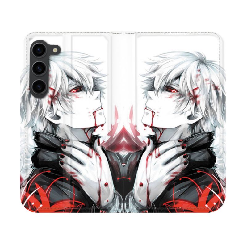 Housse Cuir Portefeuille Pour Samsung Galaxy S23 Manga Tokyo Ghoul Kaneki Blanc