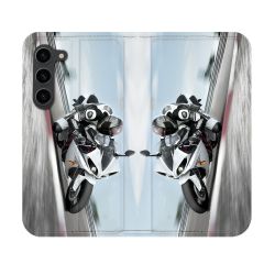 Housse Cuir Portefeuille Pour Samsung Galaxy S23 Moto Course GP Blanche