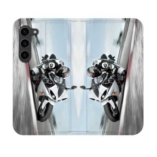 Housse Cuir Portefeuille Pour Samsung Galaxy S23 Moto Course GP Blanche