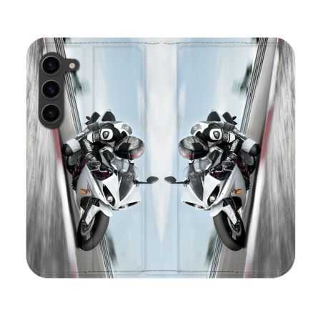 Housse Cuir Portefeuille Pour Samsung Galaxy S23 Moto Course GP Blanche