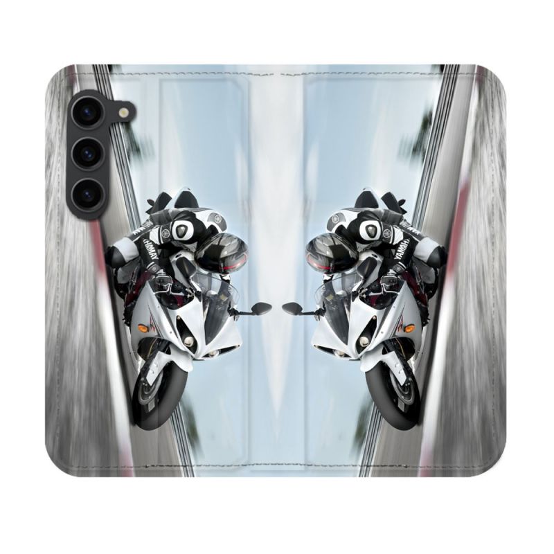 Housse Cuir Portefeuille Pour Samsung Galaxy S23 Moto Course GP Blanche