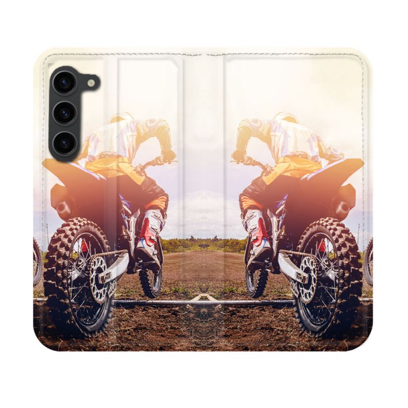 Housse Cuir Portefeuille Pour Samsung Galaxy S23 Moto Cross Soleil