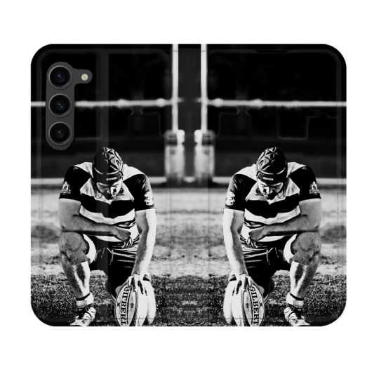 Housse Cuir Portefeuille Pour Samsung Galaxy S23 Sport Rugby Noir Blanc