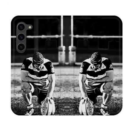 Housse Cuir Portefeuille Pour Samsung Galaxy S23 Sport Rugby Noir Blanc