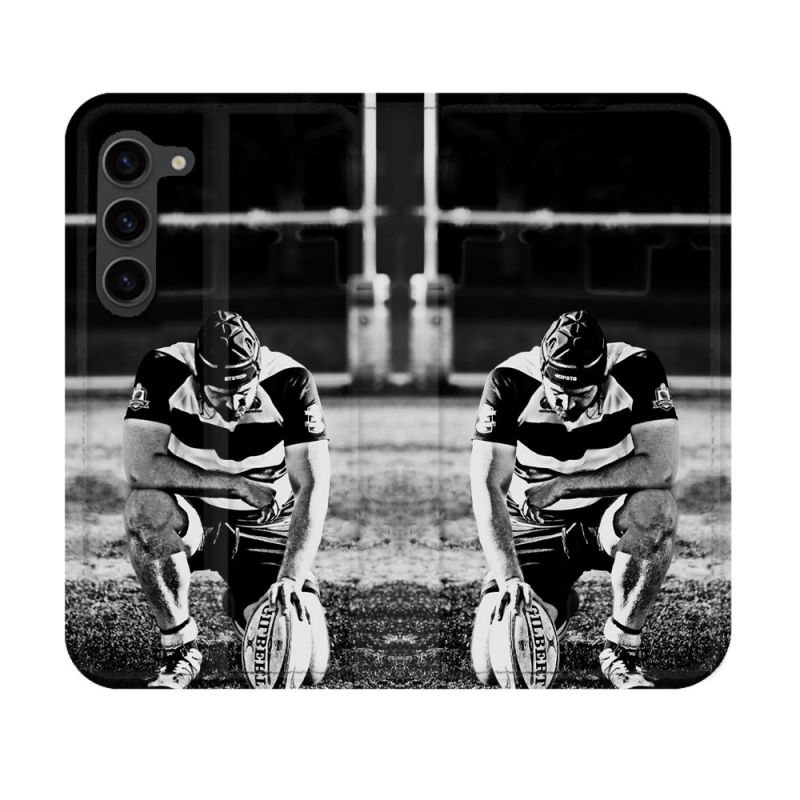 Housse Cuir Portefeuille Pour Samsung Galaxy S23 Sport Rugby Noir Blanc