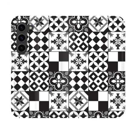 Housse Cuir Portefeuille Pour Samsung Galaxy S23 Texture Carreau Ciment Noir
