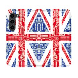 Housse Cuir Portefeuille Pour Samsung Galaxy S23 Voyage Angleterre Blanc