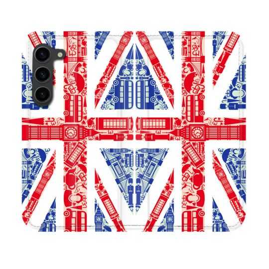 Housse Cuir Portefeuille Pour Samsung Galaxy S23 Voyage Angleterre Blanc