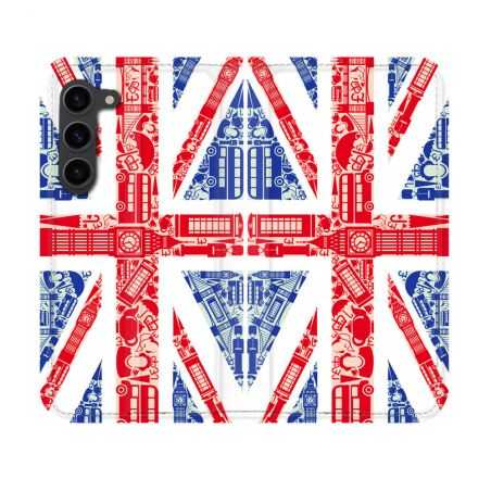 Housse Cuir Portefeuille Pour Samsung Galaxy S23 Voyage Angleterre Blanc
