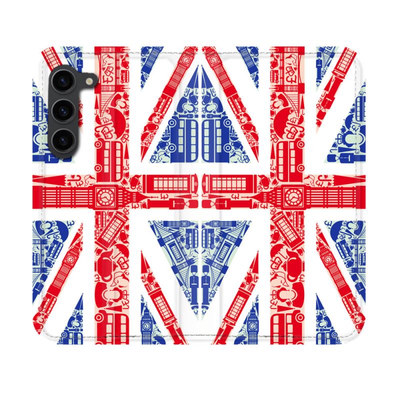 Housse Cuir Portefeuille Pour Samsung Galaxy S23 Voyage Angleterre Blanc