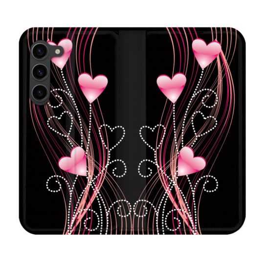 Housse Cuir Portefeuille Pour Samsung Galaxy S23 Plus Amour Coeur Rose Montant sur Noir