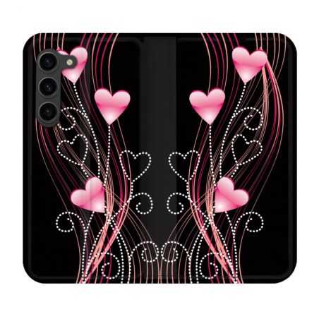 Housse Cuir Portefeuille Pour Samsung Galaxy S23 Plus Amour Coeur Rose Montant sur Noir