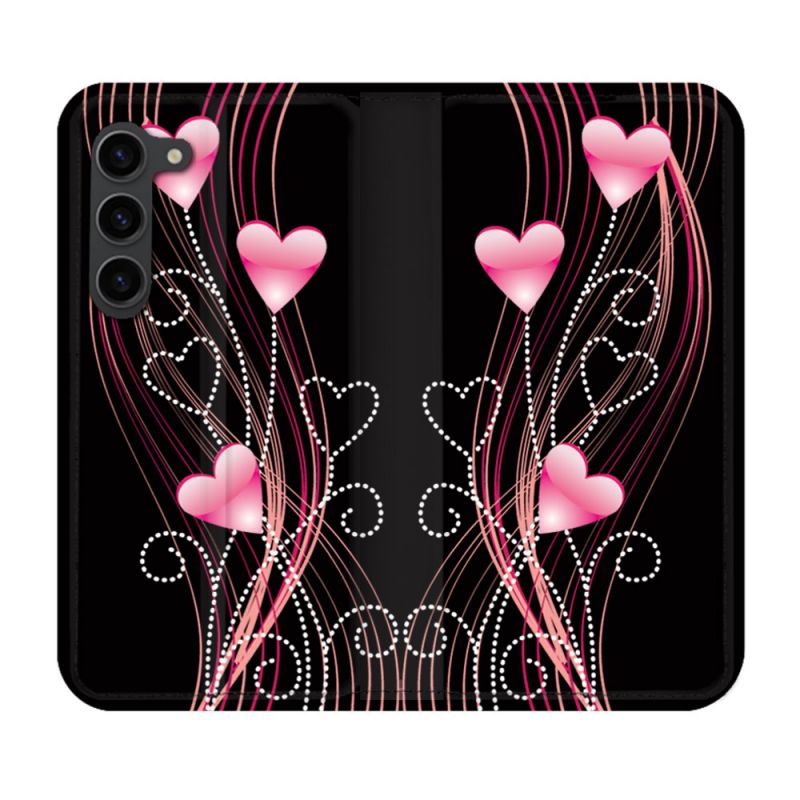 Housse Cuir Portefeuille Pour Samsung Galaxy S23 Plus Amour Coeur Rose Montant sur Noir