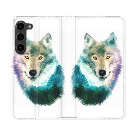 Housse Cuir Portefeuille Pour Samsung Galaxy S23 Plus Animal Loup Montagne