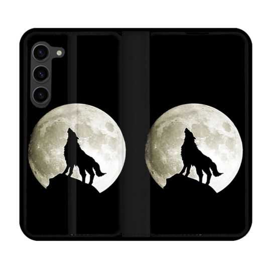 Housse Cuir Portefeuille Pour Samsung Galaxy S23 Plus Animal Loup Noir