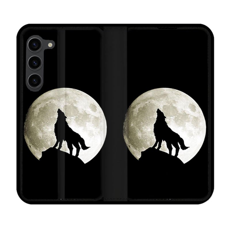 Housse Cuir Portefeuille Pour Samsung Galaxy S23 Plus Animal Loup Noir