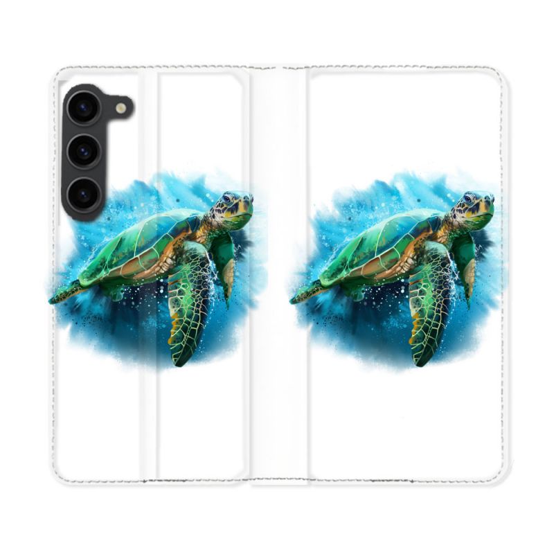 Housse Cuir Portefeuille Pour Samsung Galaxy S23 Plus Animal Tortue Blanche multicolore