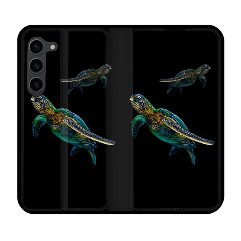 Housse Cuir Portefeuille Pour Samsung Galaxy S23 Plus Animal Tortue Noire multicolore