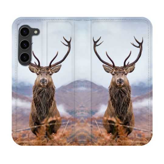 Housse Cuir Portefeuille Pour Samsung Galaxy S23 Plus Chasse Chevreuil Montagne