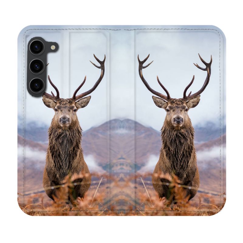Housse Cuir Portefeuille Pour Samsung Galaxy S23 Plus Chasse Chevreuil Montagne