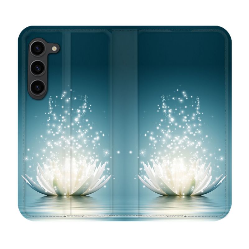 Housse Cuir Portefeuille Pour Samsung Galaxy S23 Plus Fleur Lotus Blanc