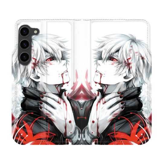 Housse Cuir Portefeuille Pour Samsung Galaxy S23 Plus Manga Tokyo Ghoul Kaneki Blanc