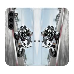 Housse Cuir Portefeuille Pour Samsung Galaxy S23 Plus Moto Course GP Blanche