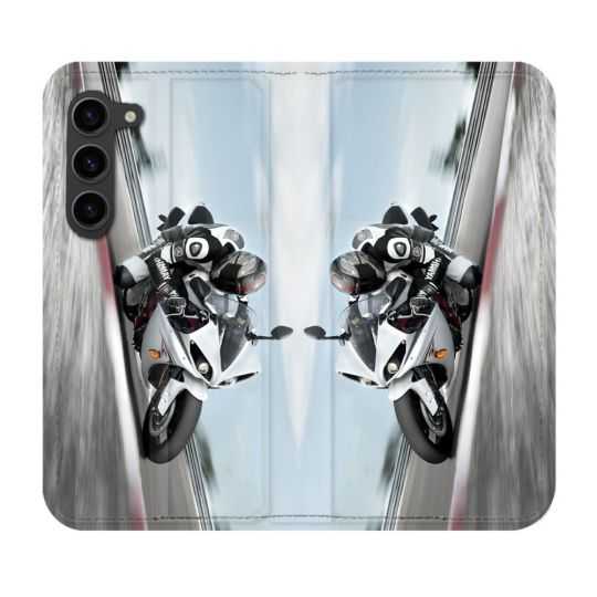 Housse Cuir Portefeuille Pour Samsung Galaxy S23 Plus Moto Course GP Blanche