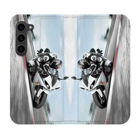 Housse Cuir Portefeuille Pour Samsung Galaxy S23 Plus Moto Course GP Blanche