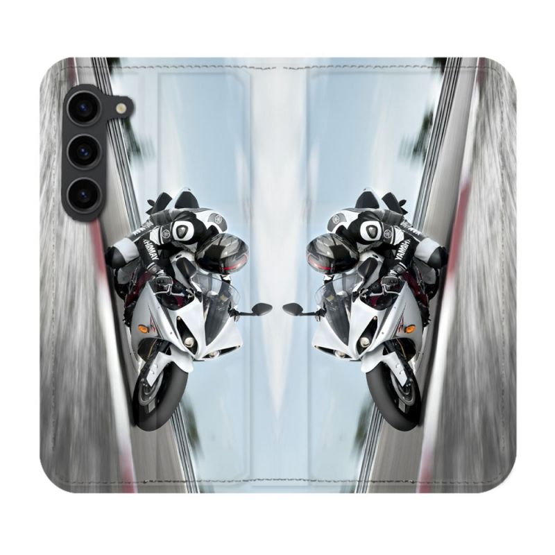 Housse Cuir Portefeuille Pour Samsung Galaxy S23 Plus Moto Course GP Blanche
