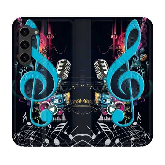 Housse Cuir Portefeuille Pour Samsung Galaxy S23 Plus Musique Cle Sol Bleu