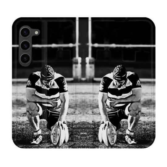 Housse Cuir Portefeuille Pour Samsung Galaxy S23 Plus Sport Rugby Noir Blanc