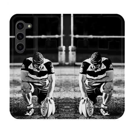 Housse Cuir Portefeuille Pour Samsung Galaxy S23 Plus Sport Rugby Noir Blanc