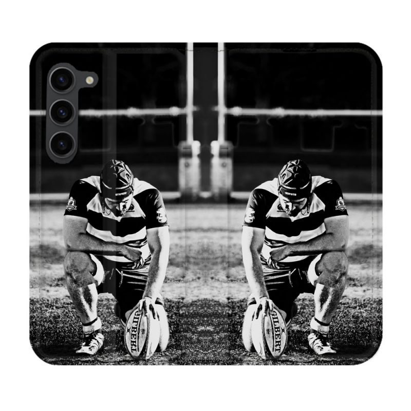 Housse Cuir Portefeuille Pour Samsung Galaxy S23 Plus Sport Rugby Noir Blanc