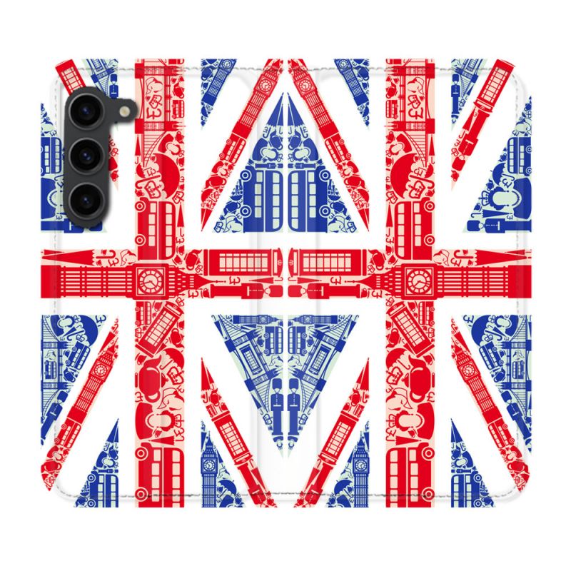 Housse Cuir Portefeuille Pour Samsung Galaxy S23 Plus Voyage Angleterre Blanc