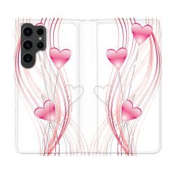 Housse Cuir Portefeuille Pour Samsung Galaxy S23 Ultra Amour Coeur Rose Montant sur Blanc