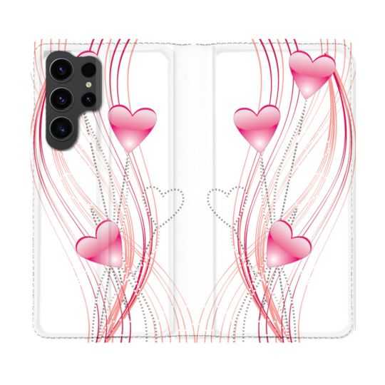 Housse Cuir Portefeuille Pour Samsung Galaxy S23 Ultra Amour Coeur Rose Montant sur Blanc