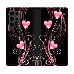 Housse Cuir Portefeuille Pour Samsung Galaxy S23 Ultra Amour Coeur Rose Montant sur Noir