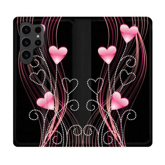 Housse Cuir Portefeuille Pour Samsung Galaxy S23 Ultra Amour Coeur Rose Montant sur Noir