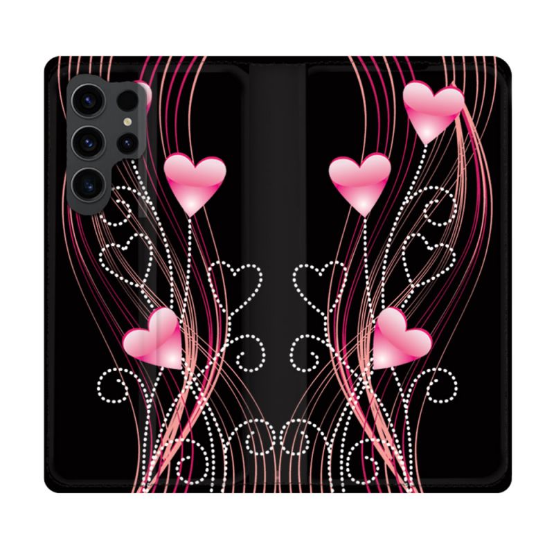 Housse Cuir Portefeuille Pour Samsung Galaxy S23 Ultra Amour Coeur Rose Montant sur Noir