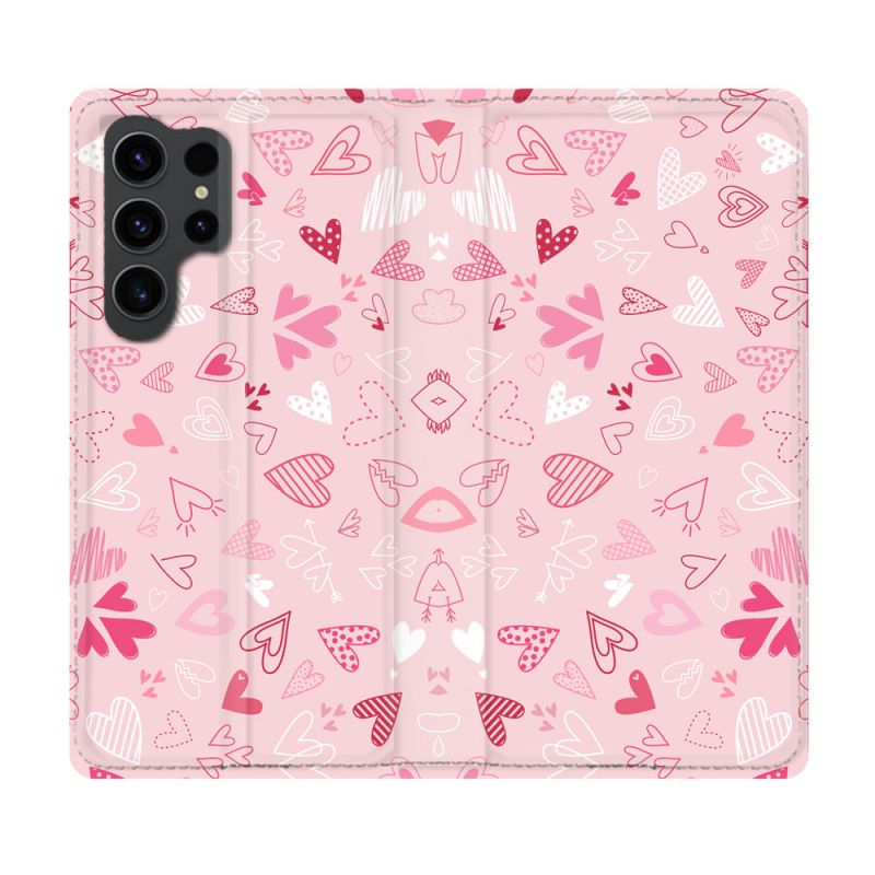 Housse Cuir Portefeuille Pour Samsung Galaxy S23 Ultra Amour Ptis Coeurs