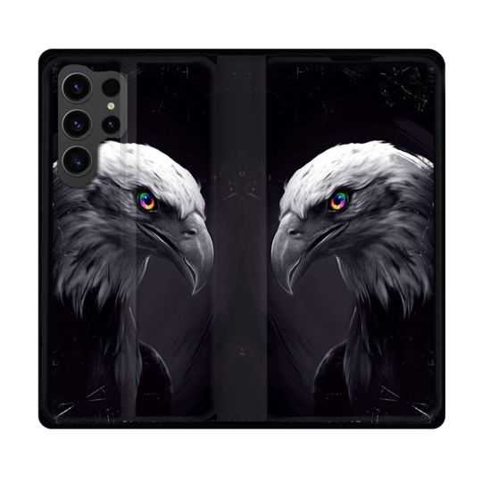 Housse Cuir Portefeuille Pour Samsung Galaxy S23 Ultra Animal Aigle Royal Noir