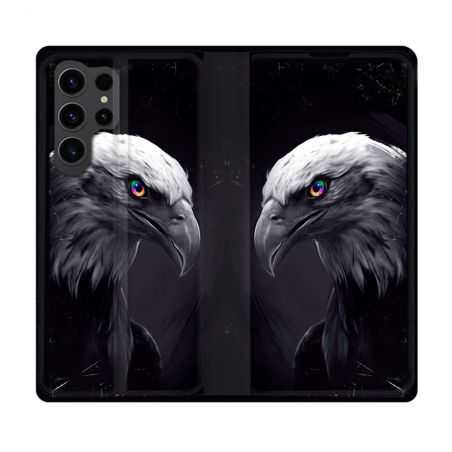 Housse Cuir Portefeuille Pour Samsung Galaxy S23 Ultra Animal Aigle Royal Noir
