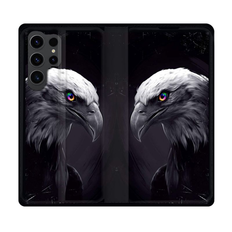 Housse Cuir Portefeuille Pour Samsung Galaxy S23 Ultra Animal Aigle Royal Noir