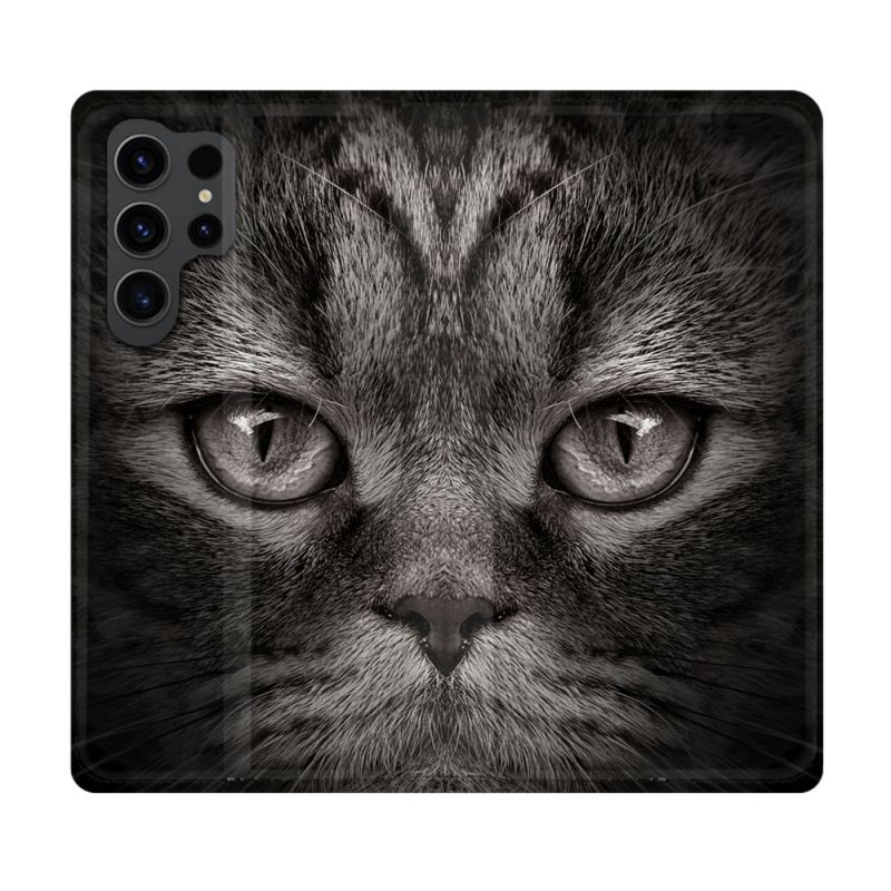 Housse Cuir Portefeuille Pour Samsung Galaxy S23 Ultra Animal Chat Gris