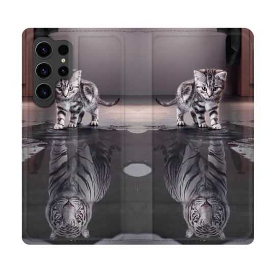 Housse Cuir Portefeuille Pour Samsung Galaxy S23 Ultra Animal Chat Reflet