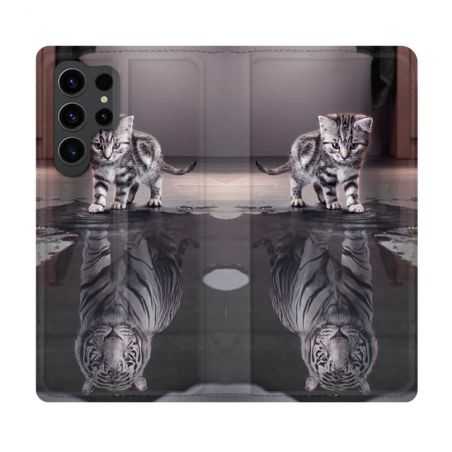 Housse Cuir Portefeuille Pour Samsung Galaxy S23 Ultra Animal Chat Reflet