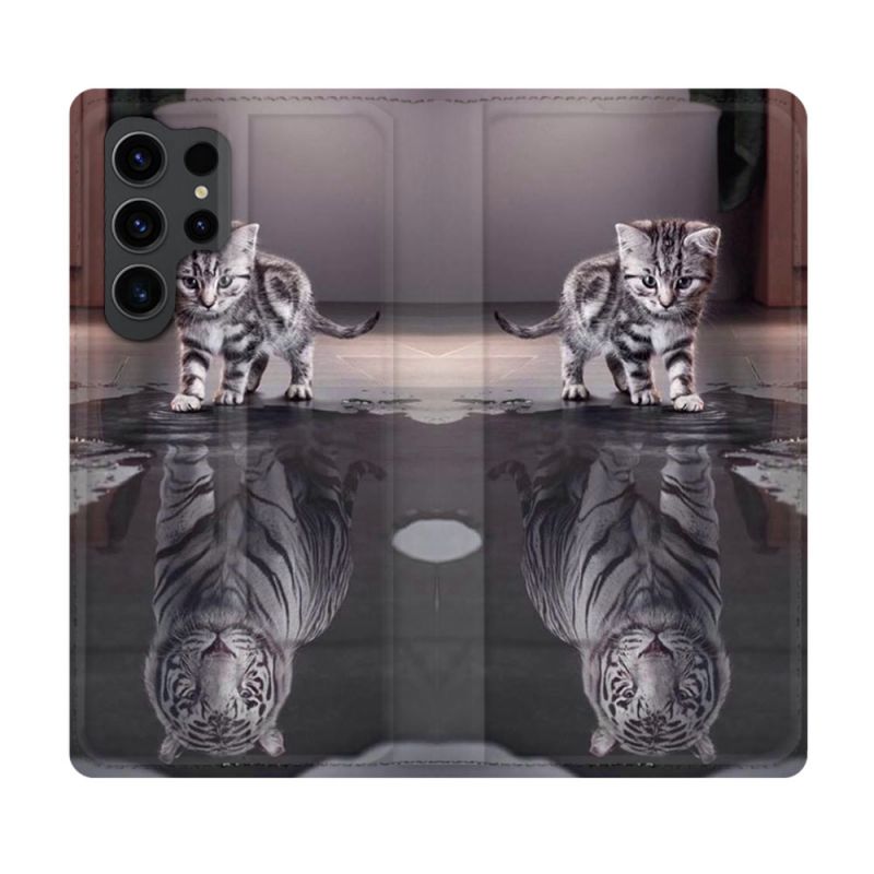 Housse Cuir Portefeuille Pour Samsung Galaxy S23 Ultra Animal Chat Reflet