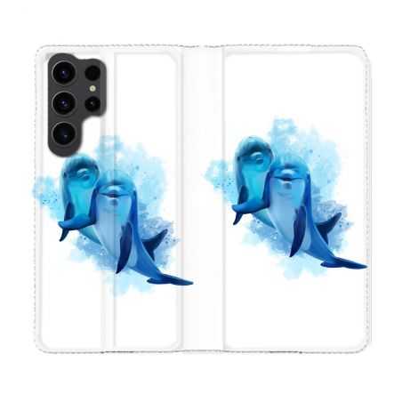 Housse Cuir Portefeuille Pour Samsung Galaxy S23 Ultra Animal Dauphin Duo