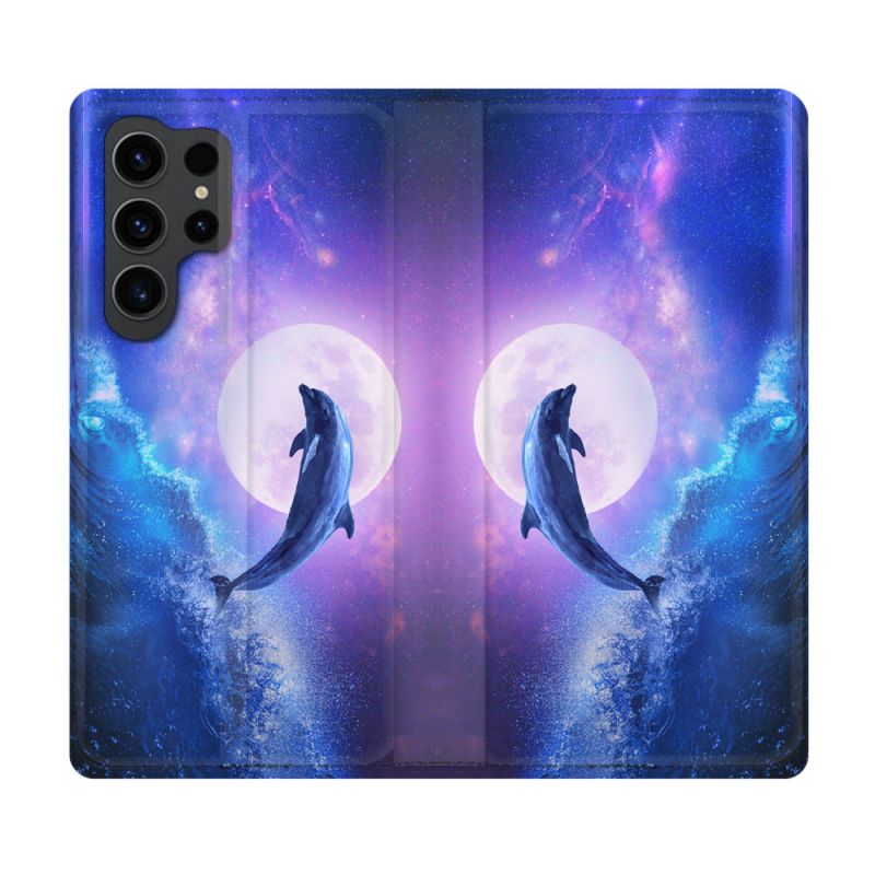 Housse Cuir Portefeuille Pour Samsung Galaxy S23 Ultra Animal Dauphin Vague